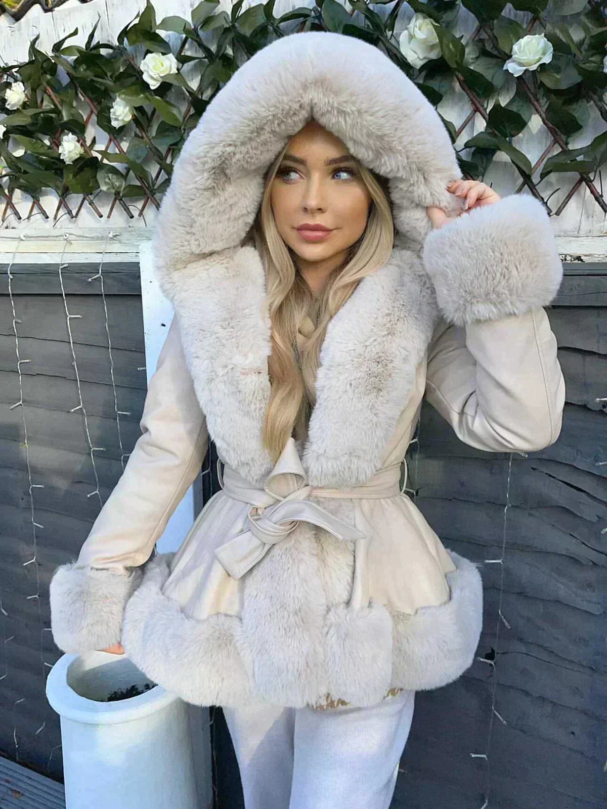 Warm Women's Hooded Coat - Peplum, Suede Like, Citywear Beige - Tophatter Daily Deals