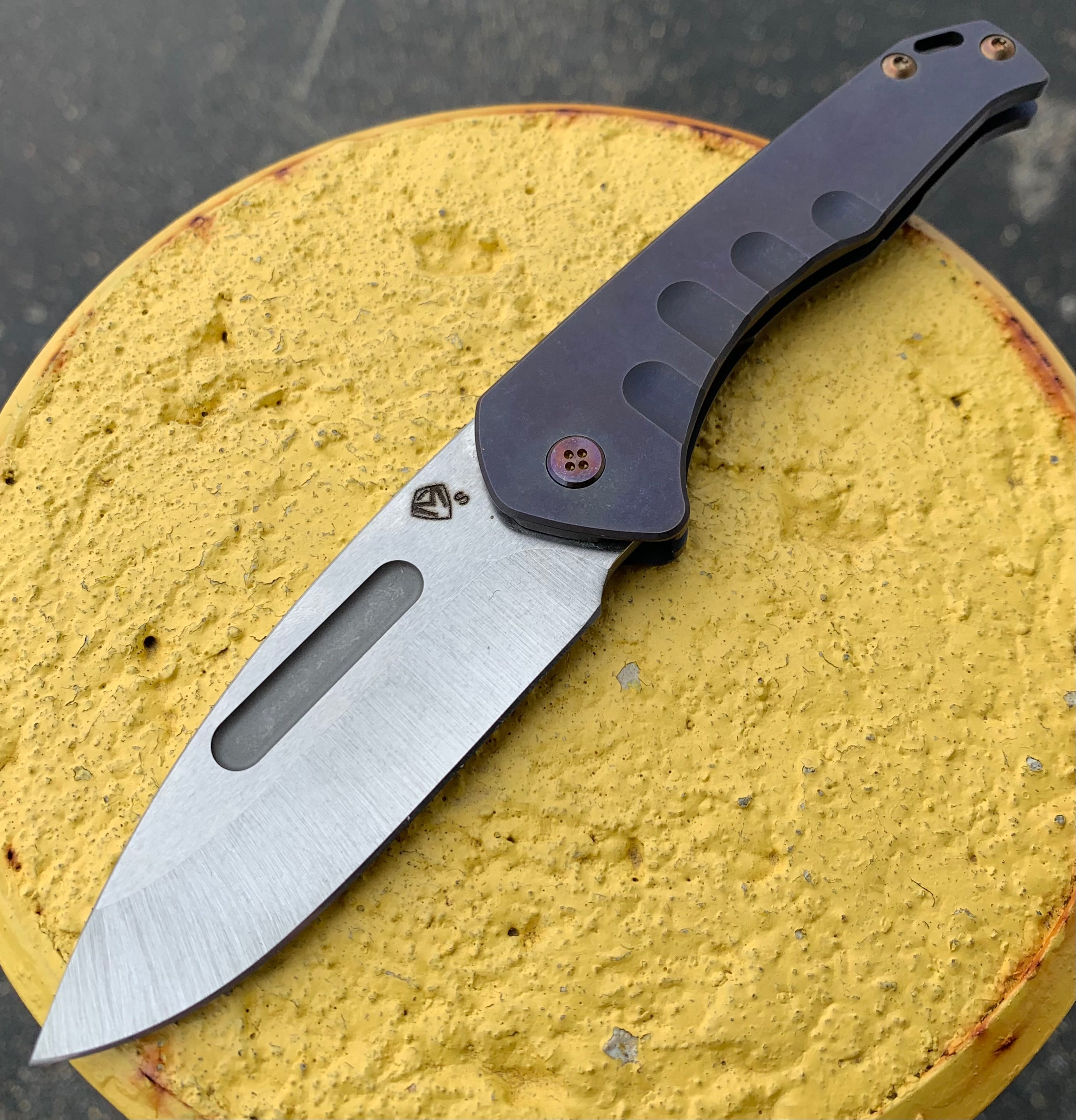 Medford - Praetorian Slim - S35VN Drop Point Blade - Dark Violet Ano Handles - Flamed Hardware and Clip Knives - Tophatter Daily Deals