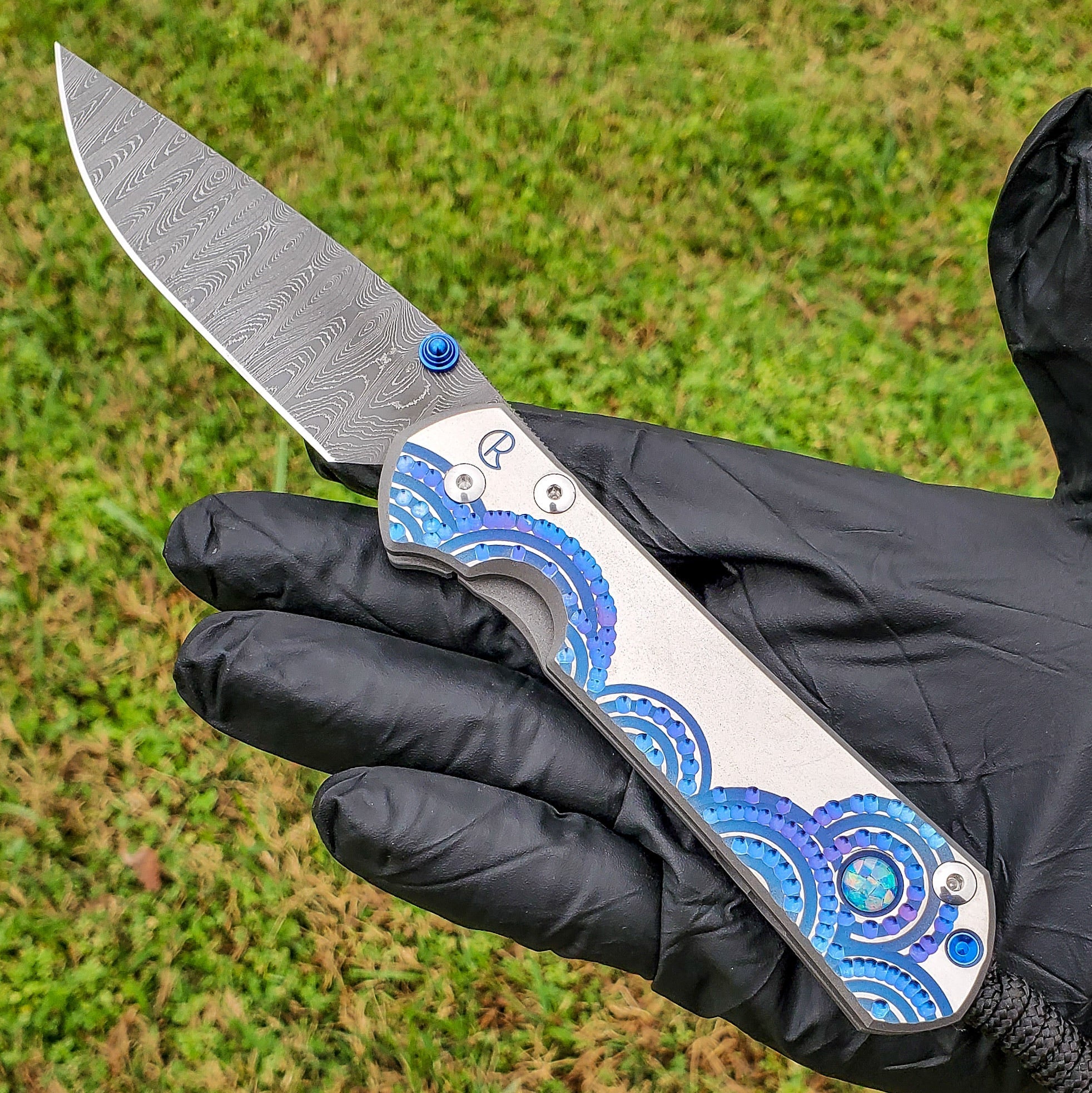 Chris Reeve - Large Sebenza 31 - Unique - Ladder Damascus - Triple Opal Mosaic Cabochon - SS19 “A” - L31-1412 Collectors - Tophatter Daily Deals