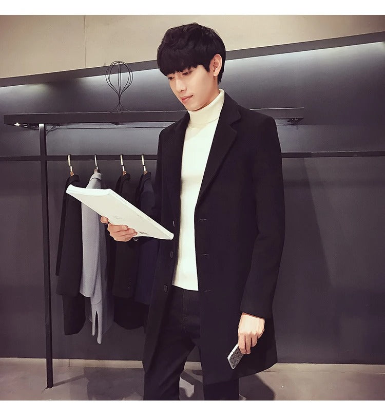 Men's Cotton Wool Blend Long Windbreaker Coat (Black) Apparel & Accessories > Clothing > Outerwear > Coats & Jackets > Overcoats - Tophatter Daily Deals