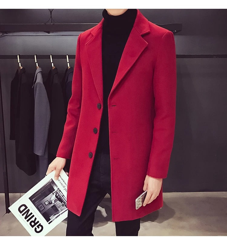Men's Cotton Wool Blend Long Windbreaker Coat (Black Red) Apparel & Accessories > Clothing > Outerwear > Coats & Jackets > Overcoats - Tophatter Daily Deals