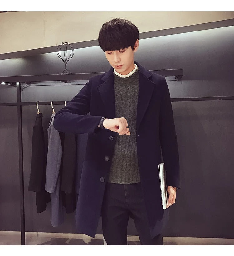 Men's Cotton Wool Blend Long Windbreaker Coat (Black Navy) Apparel & Accessories > Clothing > Outerwear > Coats & Jackets > Overcoats - Tophatter Daily Deals