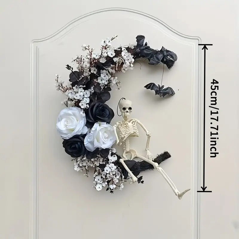 Halloween Moon Black Wreath Skull Bones Bats Roses Halloween - Tophatter Daily Deals