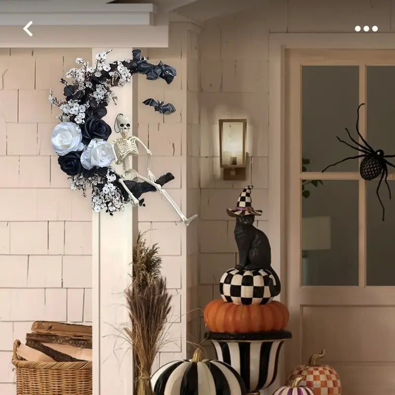 Halloween Moon Black Wreath Skull Bones Bats Roses Halloween - Tophatter Daily Deals