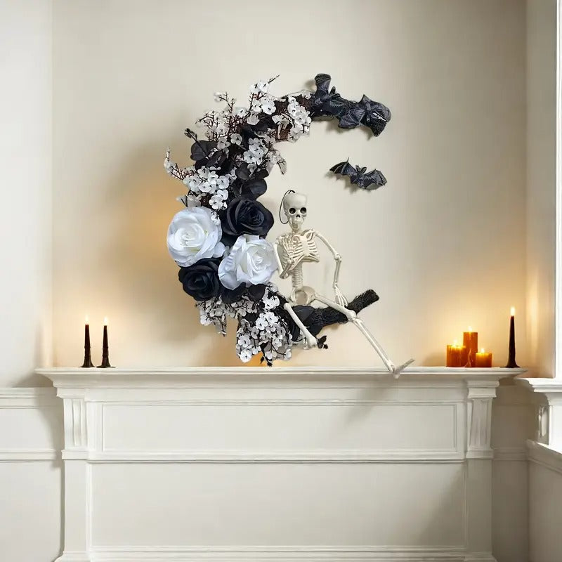 Halloween Moon Black Wreath Skull Bones Bats Roses Halloween - Tophatter Daily Deals