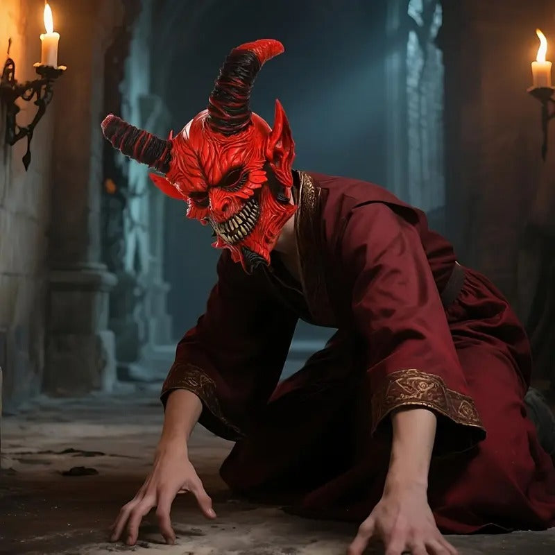 Demon Horror Mask Latex Headgear Red with Horns Halloween - Tophatter Daily Deals