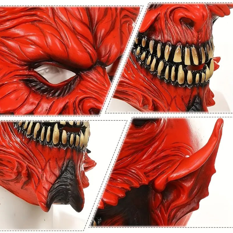 Demon Horror Mask Latex Headgear Red with Horns Halloween - Tophatter Daily Deals