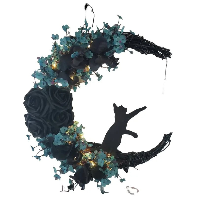Gothic Cat Moon Wreath Halloween Door Decor - Tophatter Daily Deals