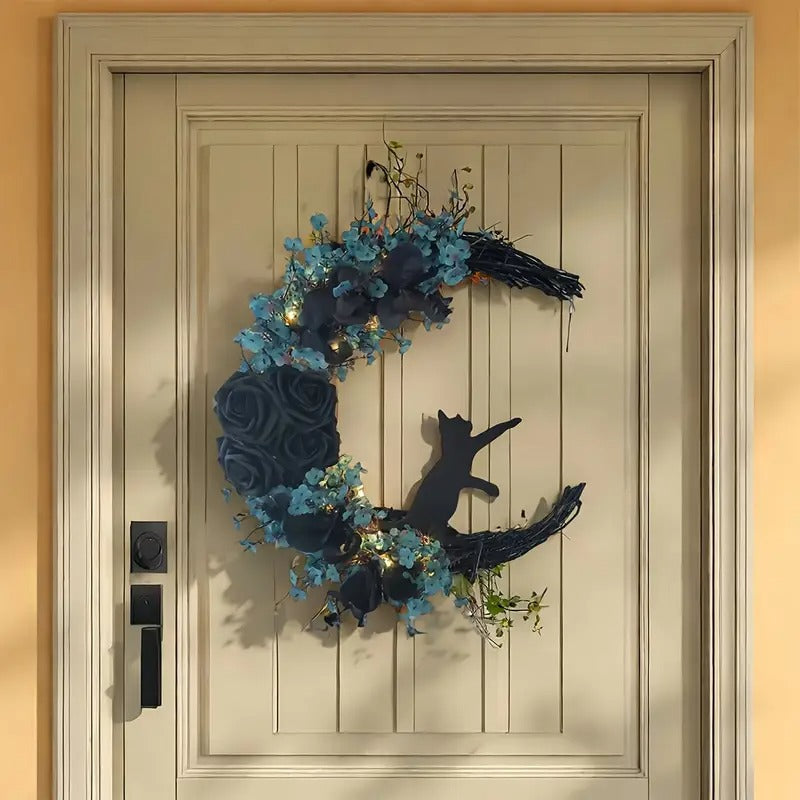Gothic Cat Moon Wreath Halloween Door Decor - Tophatter Daily Deals