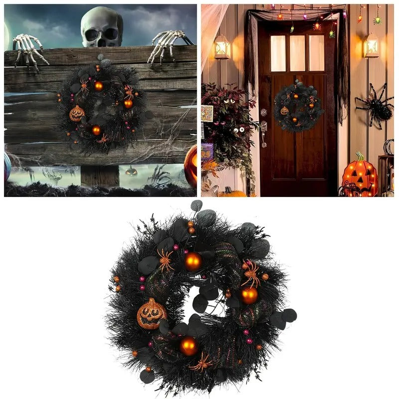 Halloween Black Wreath with Pumpkin Skull Halloween - Tophatter Daily Deals