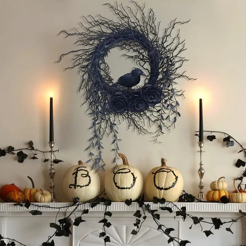 Halloween Wreath Crow & Dark Blue Roses Halloween - Tophatter Daily Deals