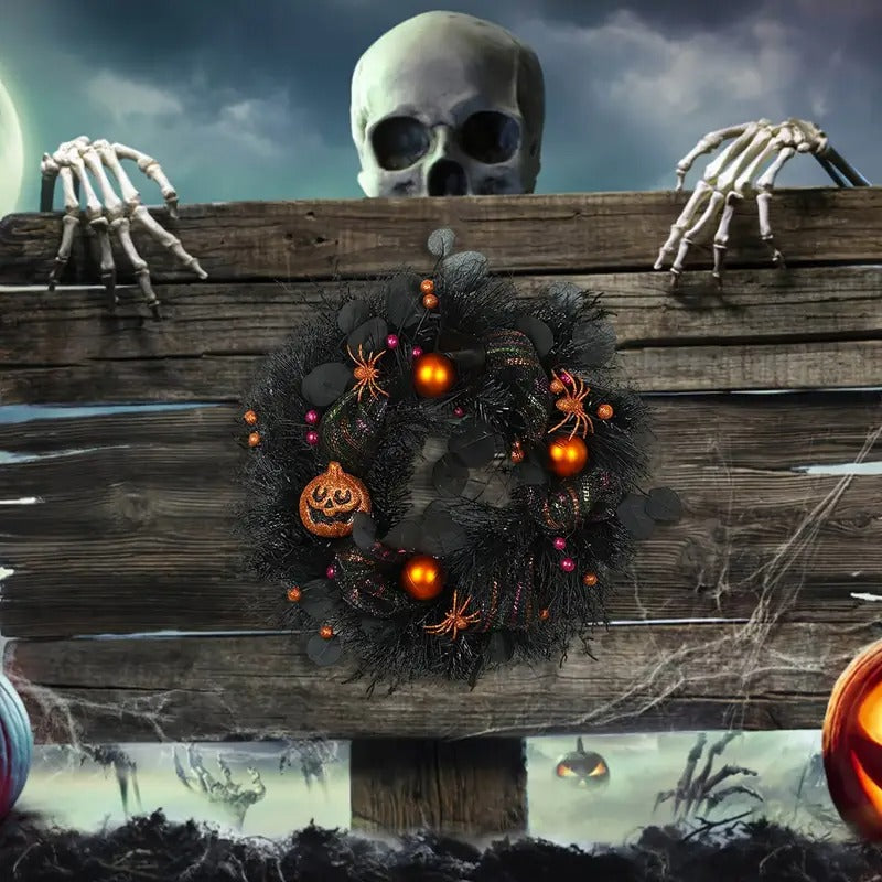 Halloween Black Wreath with Pumpkin Skull Halloween - Tophatter Daily Deals