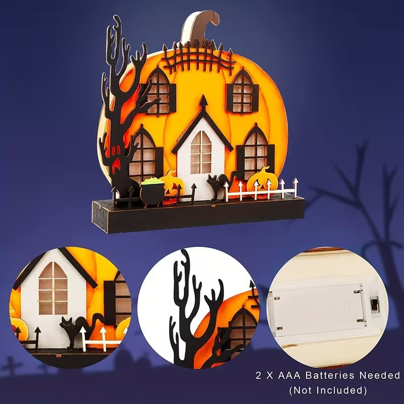 Wooden Lighted Pumpkin House Halloween Tabletop Decoration Halloween - Tophatter Daily Deals