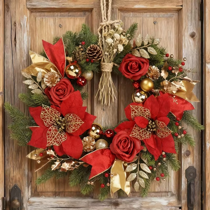 Front Door Christmas Wreath with Red Flowers - Tophatter Daily Deals