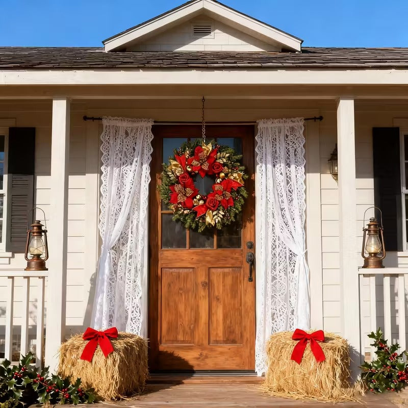 Front Door Christmas Wreath with Red Flowers - Tophatter Daily Deals