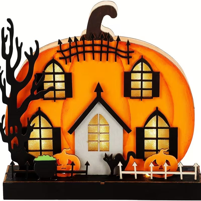 Wooden Lighted Pumpkin House Halloween Tabletop Decoration Halloween - Tophatter Daily Deals