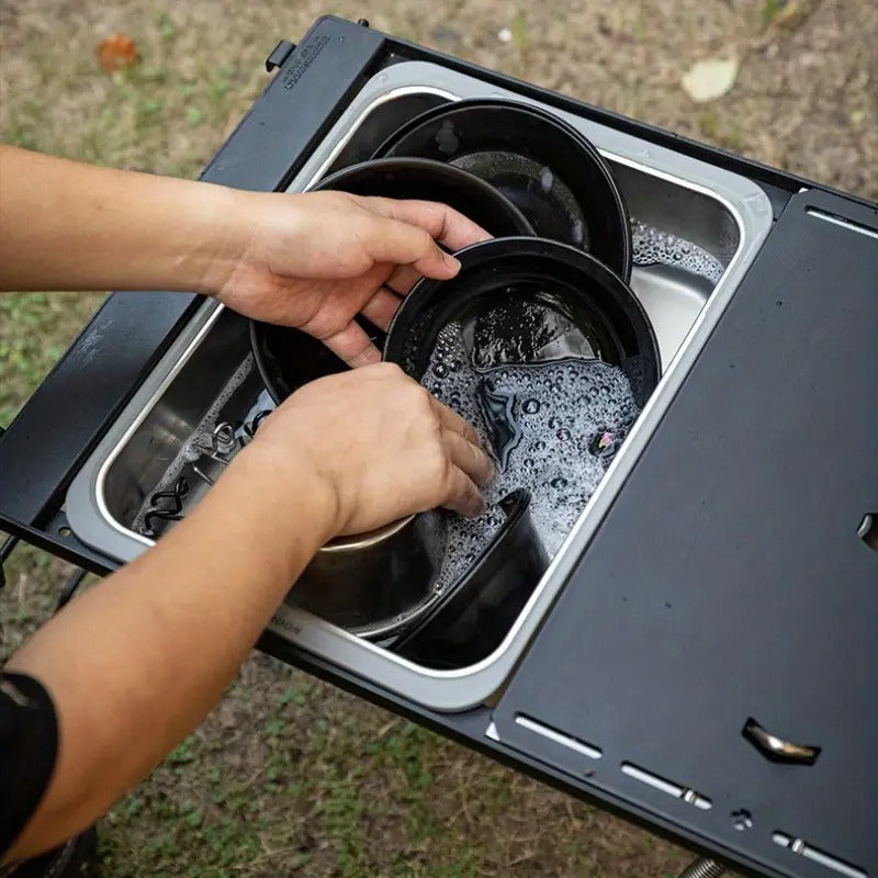 Rectangular Stainless Steel Camping Sink with Wooden Lid Camp Cooking - Tophatter Daily Deals
