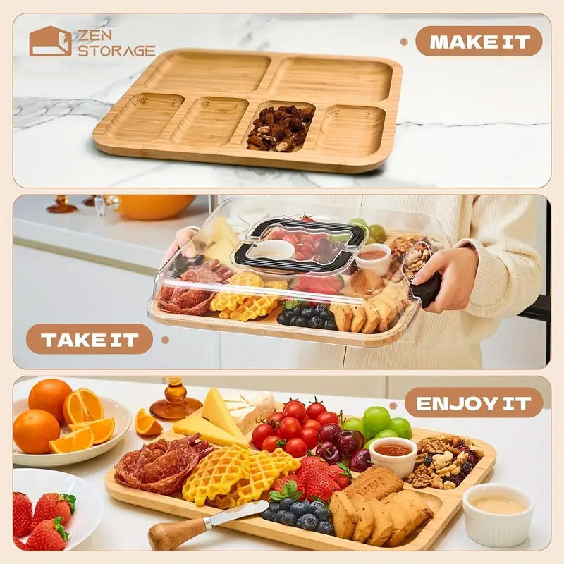 Bamboo Cheese Tray with Acrylic Lid Serving Trays - Tophatter Daily Deals