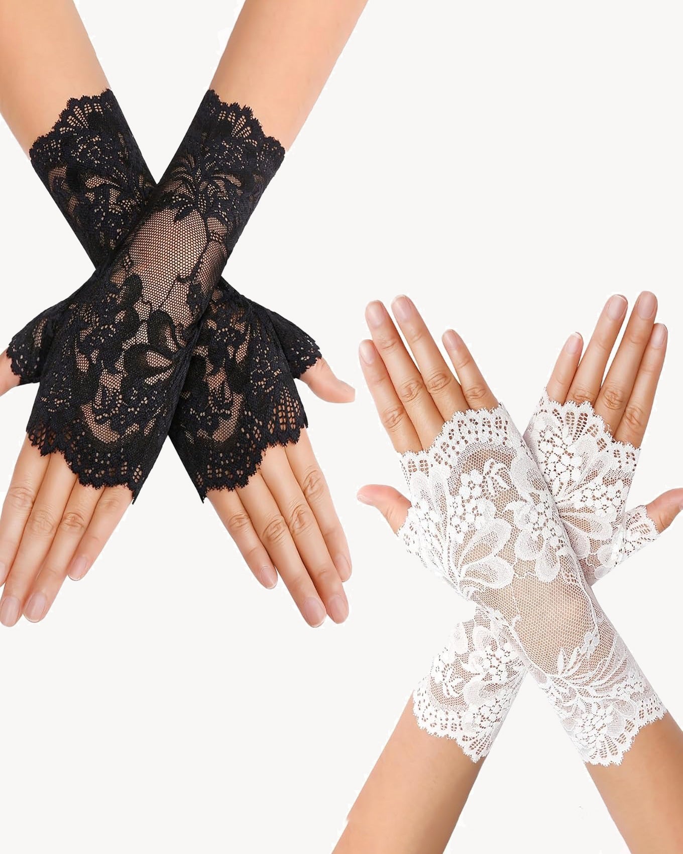 Short Lace Gloves Fingerless Bridal Wrist Glove White+Black One Size Accessories - Tophatter Daily Deals