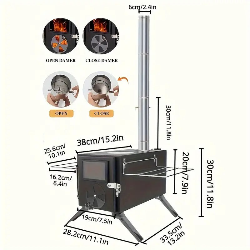 Iron Portable Camping Wood Stove with Chimney Outdoor Grills - Tophatter Daily Deals