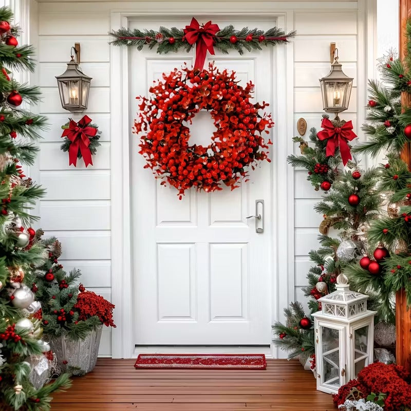 Red Berry & Eucalyptus Christmas Wreath Door Decoration Christmas - Tophatter Daily Deals