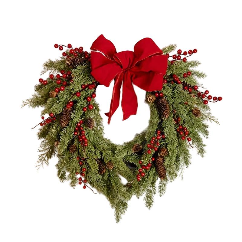 Pine Needle Red Berry Wreath with Heart Bow Christmas - Tophatter Daily Deals