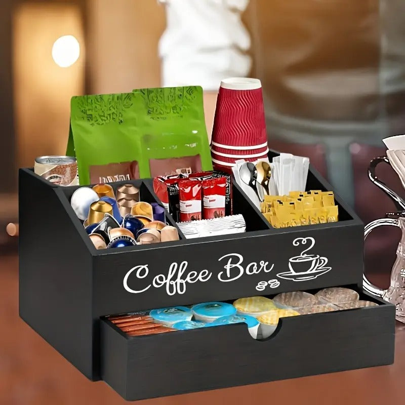 Wood Coffee Station Organizer with Drawer Kitchen Cabinets - Tophatter Daily Deals