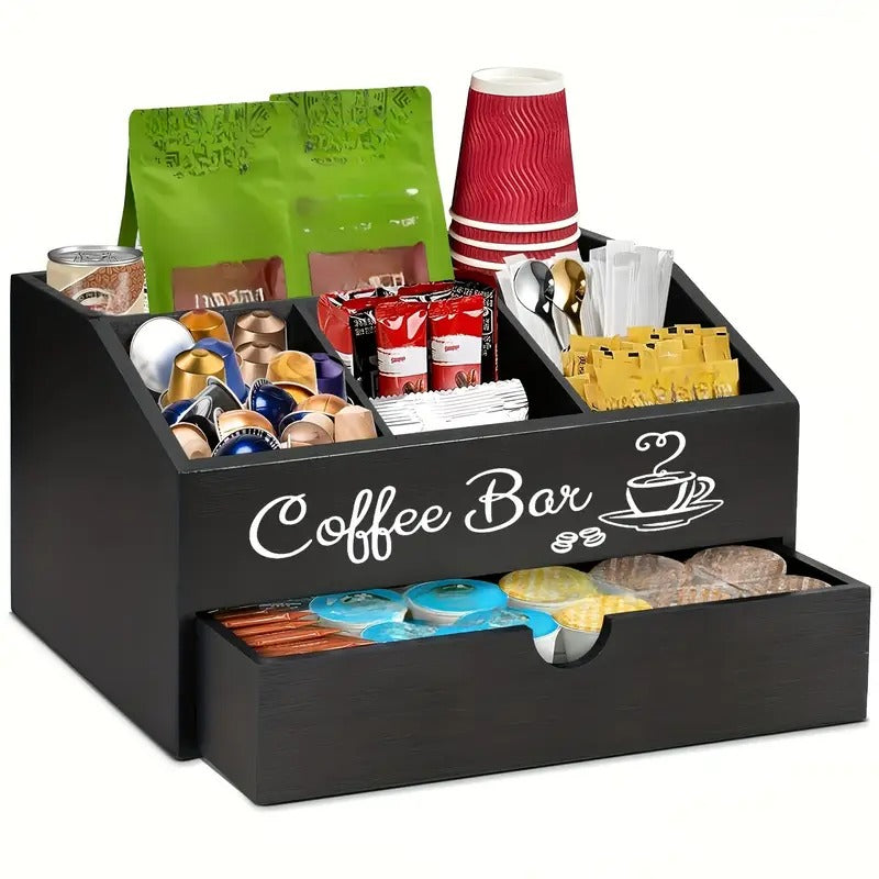 Wood Coffee Station Organizer with Drawer Kitchen Cabinets - Tophatter Daily Deals