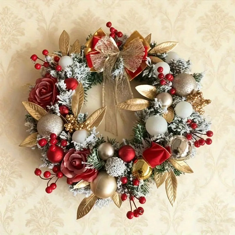 Red and Gold Christmas Wreath with Glittering Bow Christmas - Tophatter Daily Deals