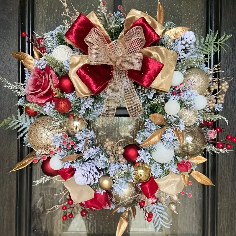 Red and Gold Christmas Wreath with Glittering Bow Christmas - Tophatter Daily Deals