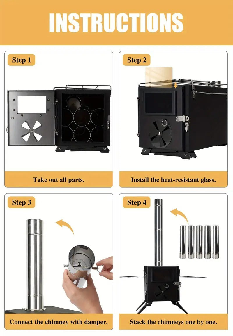 Iron Portable Camping Wood Stove with Chimney Outdoor Grills - Tophatter Daily Deals