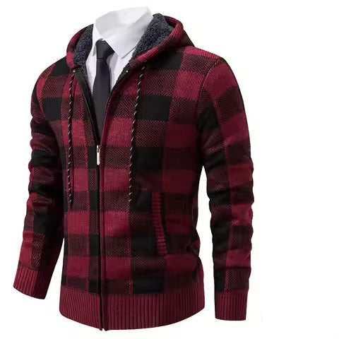 Men's Winter Hooded Plaid Wool Knit Cardigan - Tophatter Daily Deals