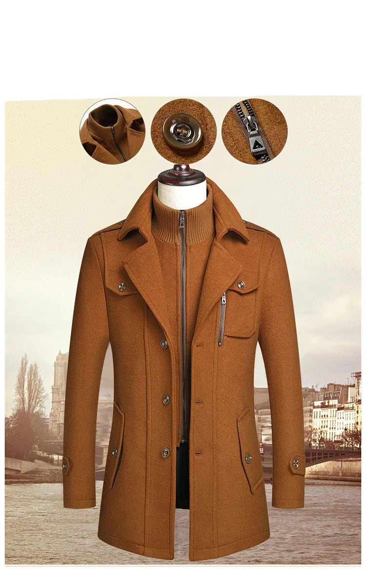 Men's Double Collar Wool Business Coat Winter (Khaki) Apparel & Accessories > Clothing > Outerwear > Coats & Jackets > Overcoats - Tophatter Daily Deals