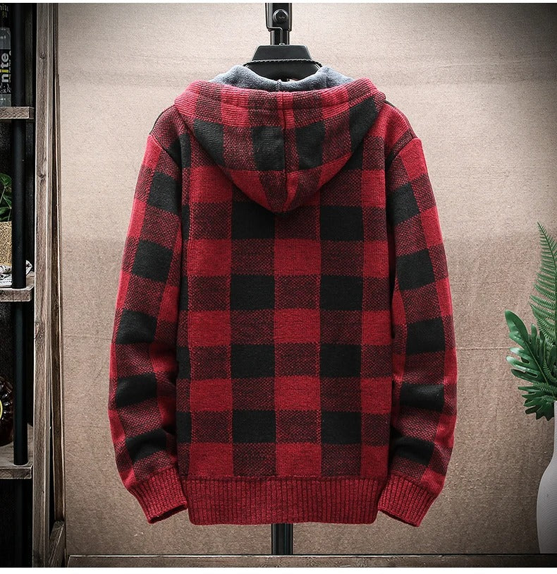 Men's Winter Hooded Plaid Wool Knit Cardigan - Tophatter Daily Deals