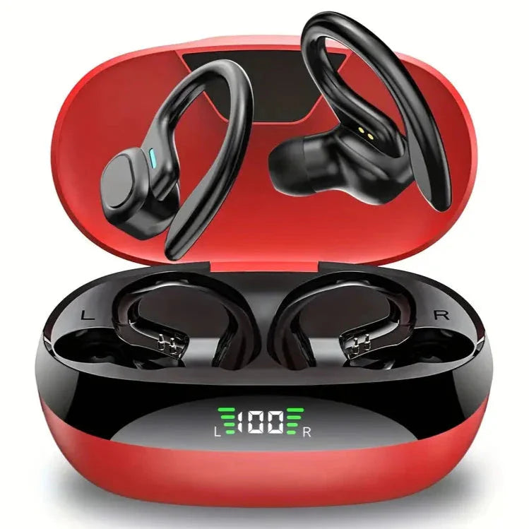 In-Ear Headphones With Noise Cancelling Mic, Sport Earhook & LED Display Red In-Ear Headphones - Tophatter Daily Deals