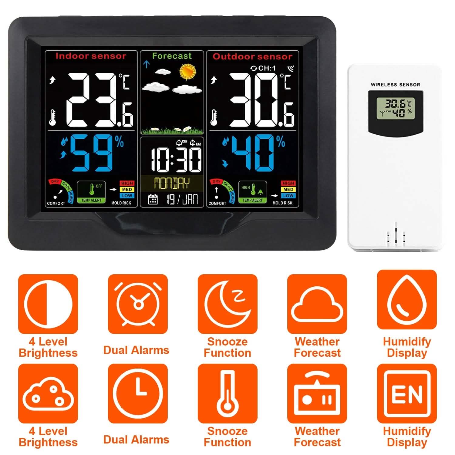 Indoor/Outdoor Thermometer Humidity Weather Forecast Temperature with Backlight Household Appliances - Tophatter Daily Deals