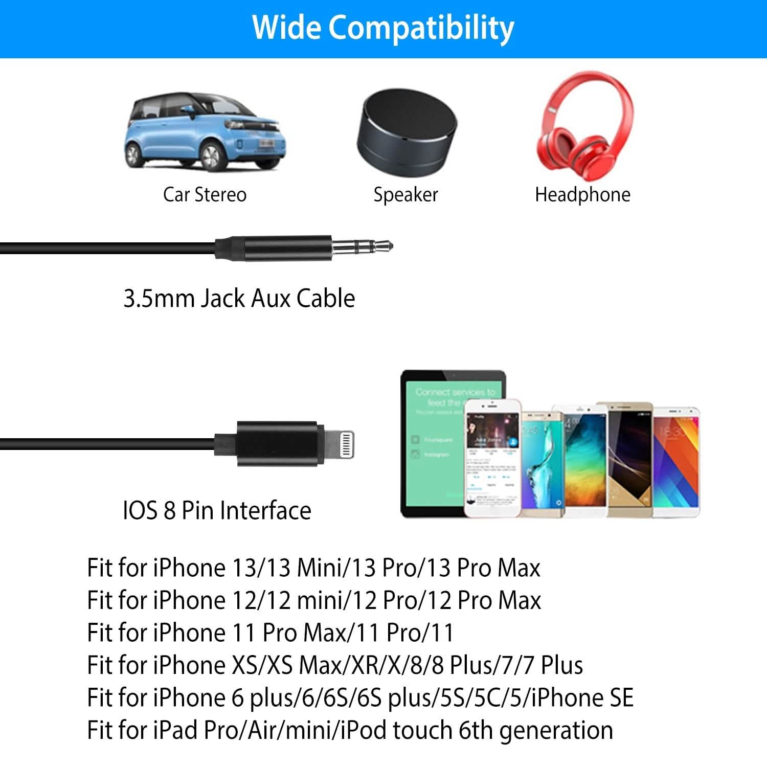 iOS 8 Pin to 3.5mm Aux Audio Adapter Cord Mobile Accessories - Tophatter Daily Deals