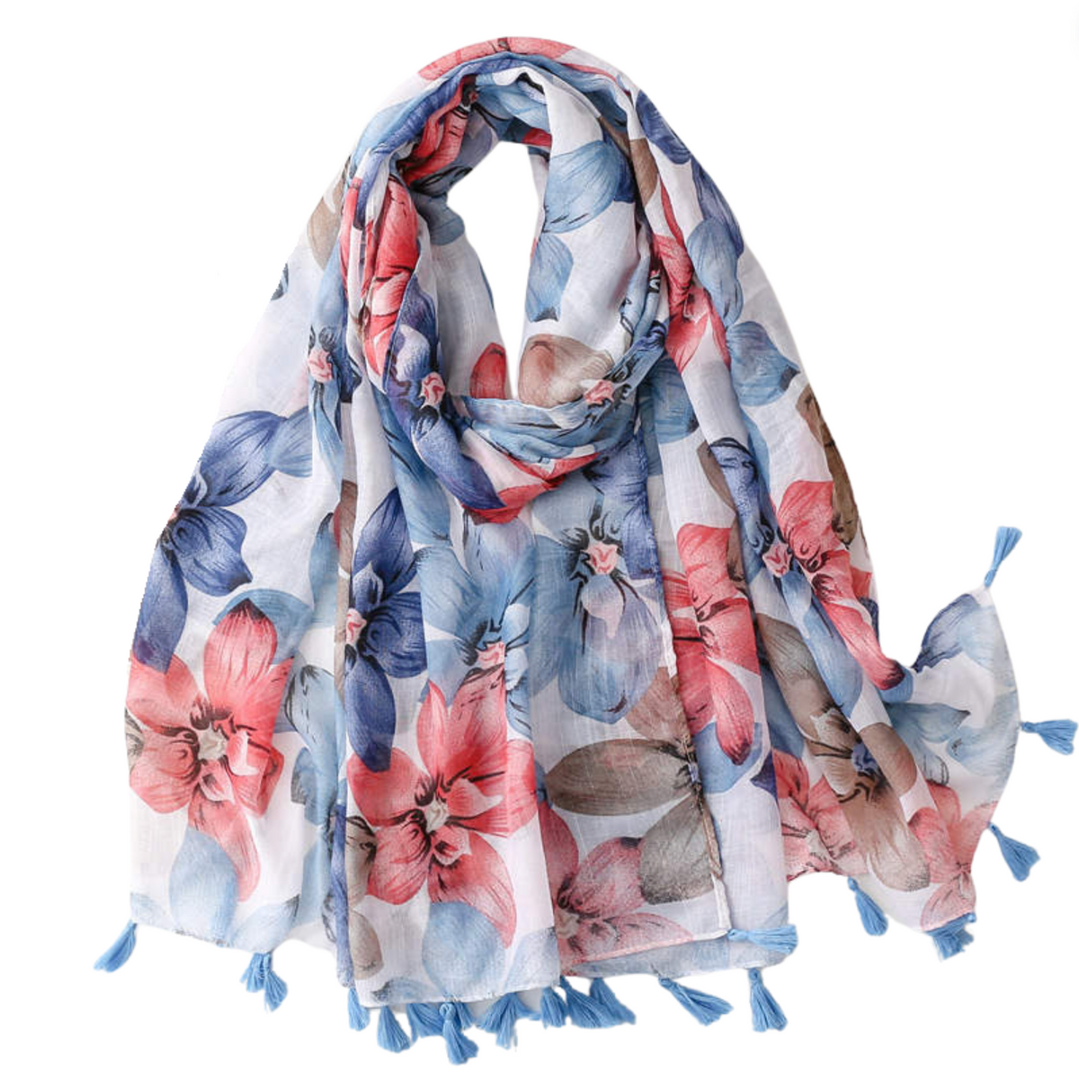 Floral Botanical Scarf with Tassels in Blue and Red Multi Scarves - Tophatter Daily Deals