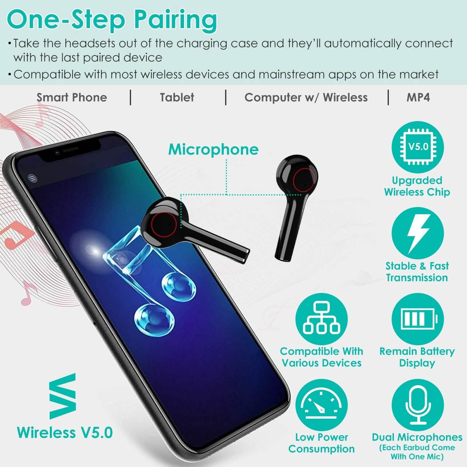 IPX5 Waterproof Wireless 5.0 TWS Earbuds Wireless Headset with Mic Headphones - Tophatter Daily Deals