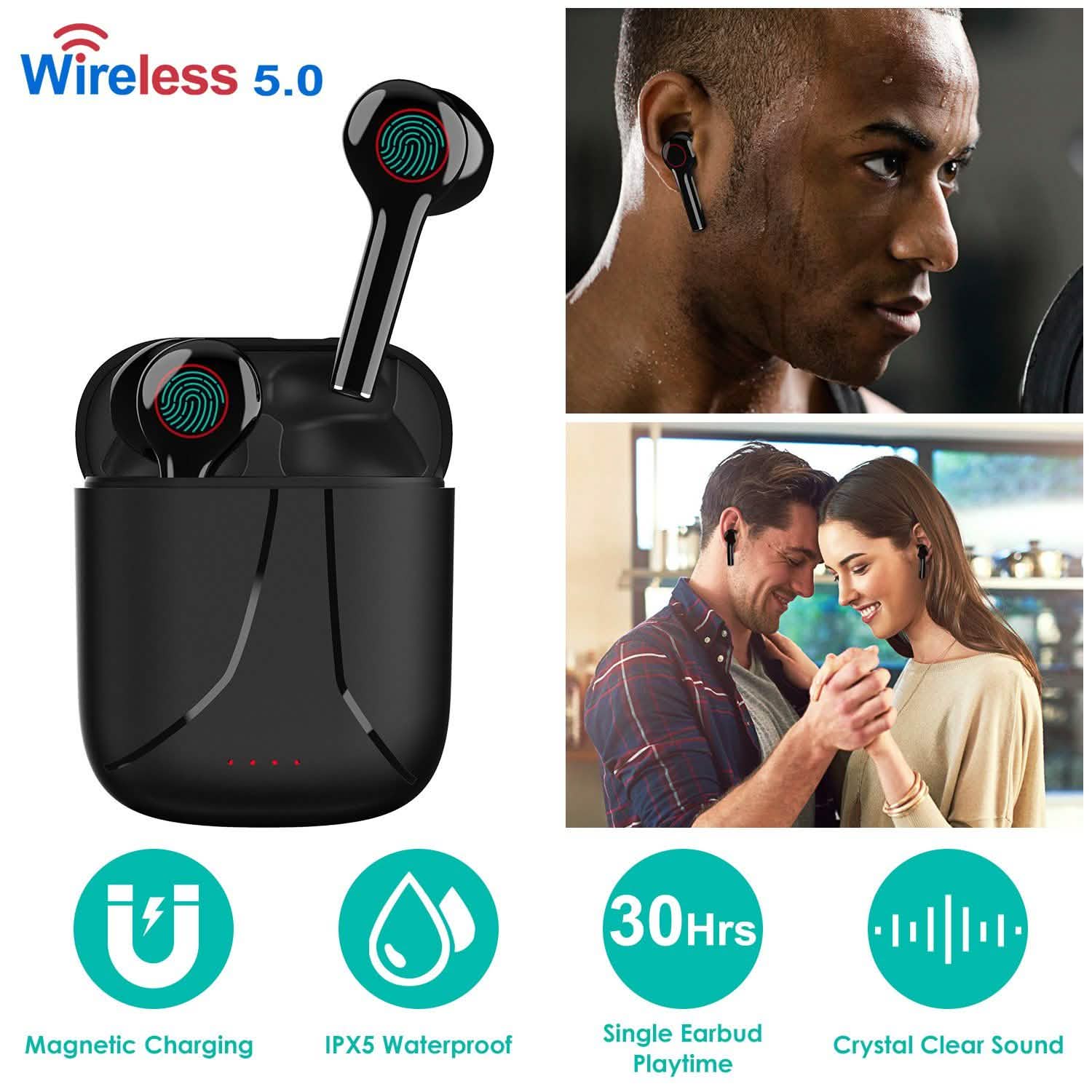 IPX5 Waterproof Wireless 5.0 TWS Earbuds Wireless Headset with Mic Headphones - Tophatter Daily Deals