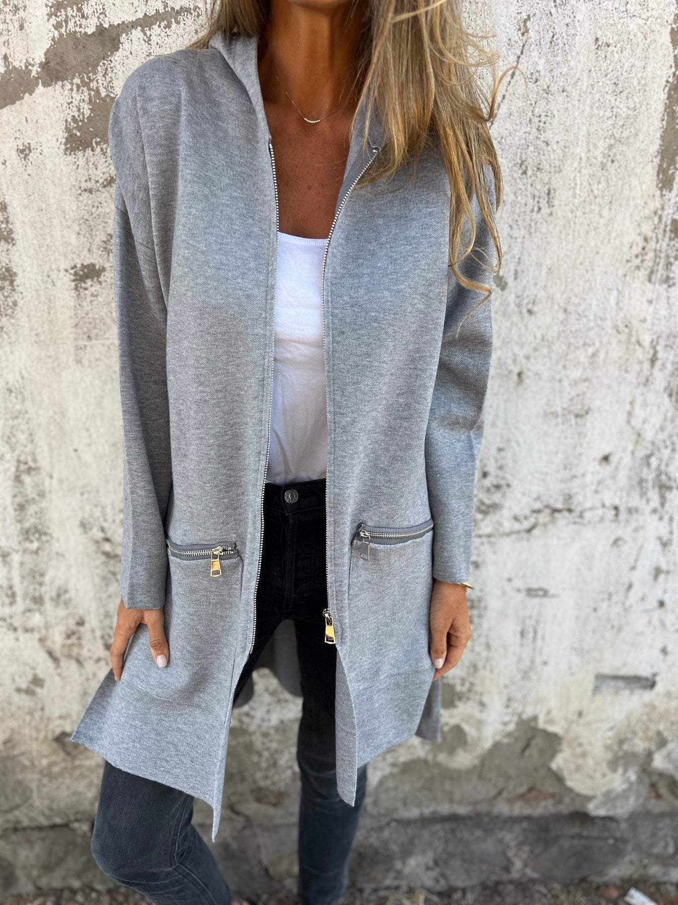 Lightweight Womens Long Hoodie - Fitted Zip Cotton Layering Gray - Tophatter Daily Deals