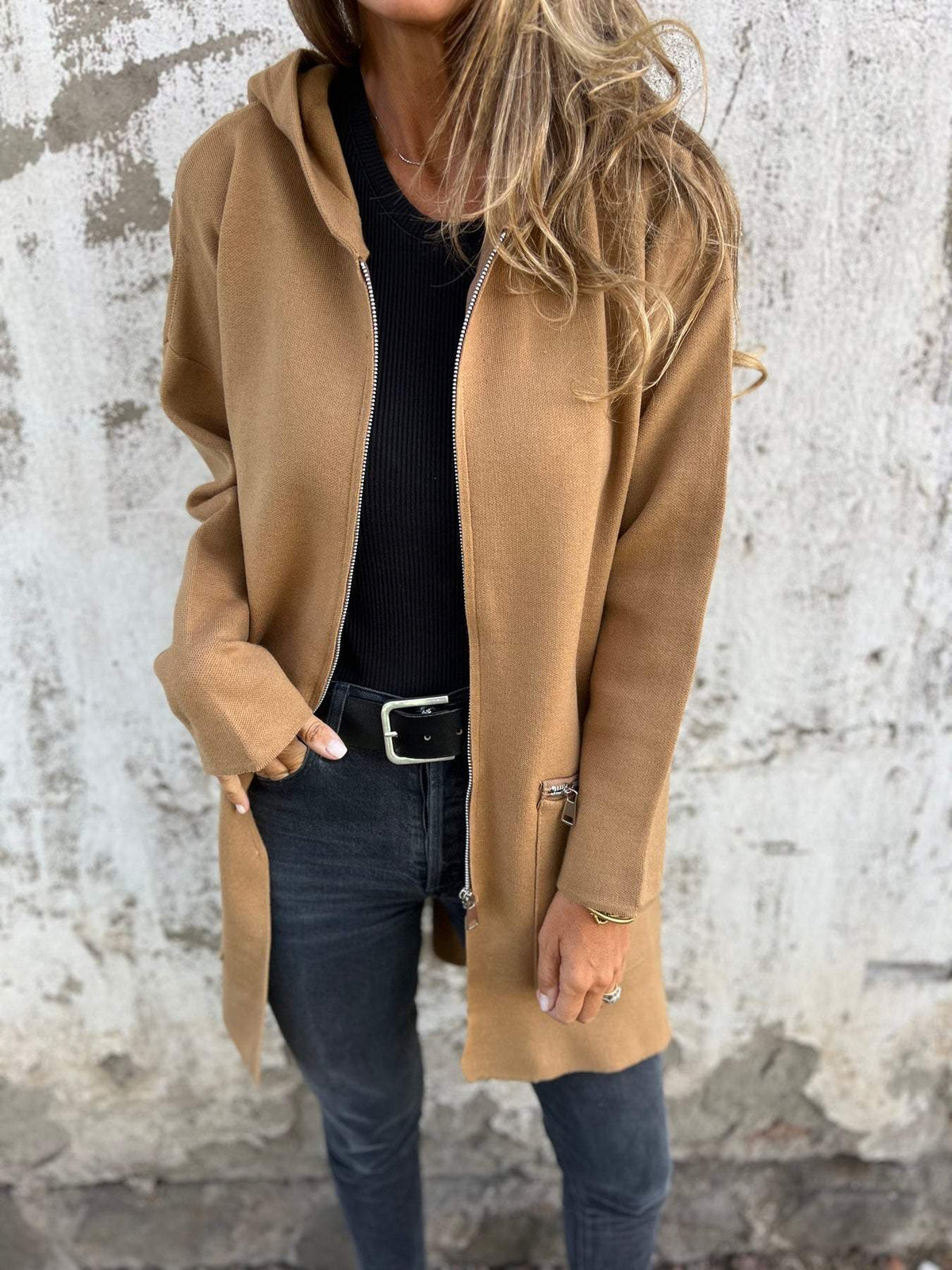 Lightweight Womens Long Hoodie - Fitted Zip Cotton Layering Khaki - Tophatter Daily Deals