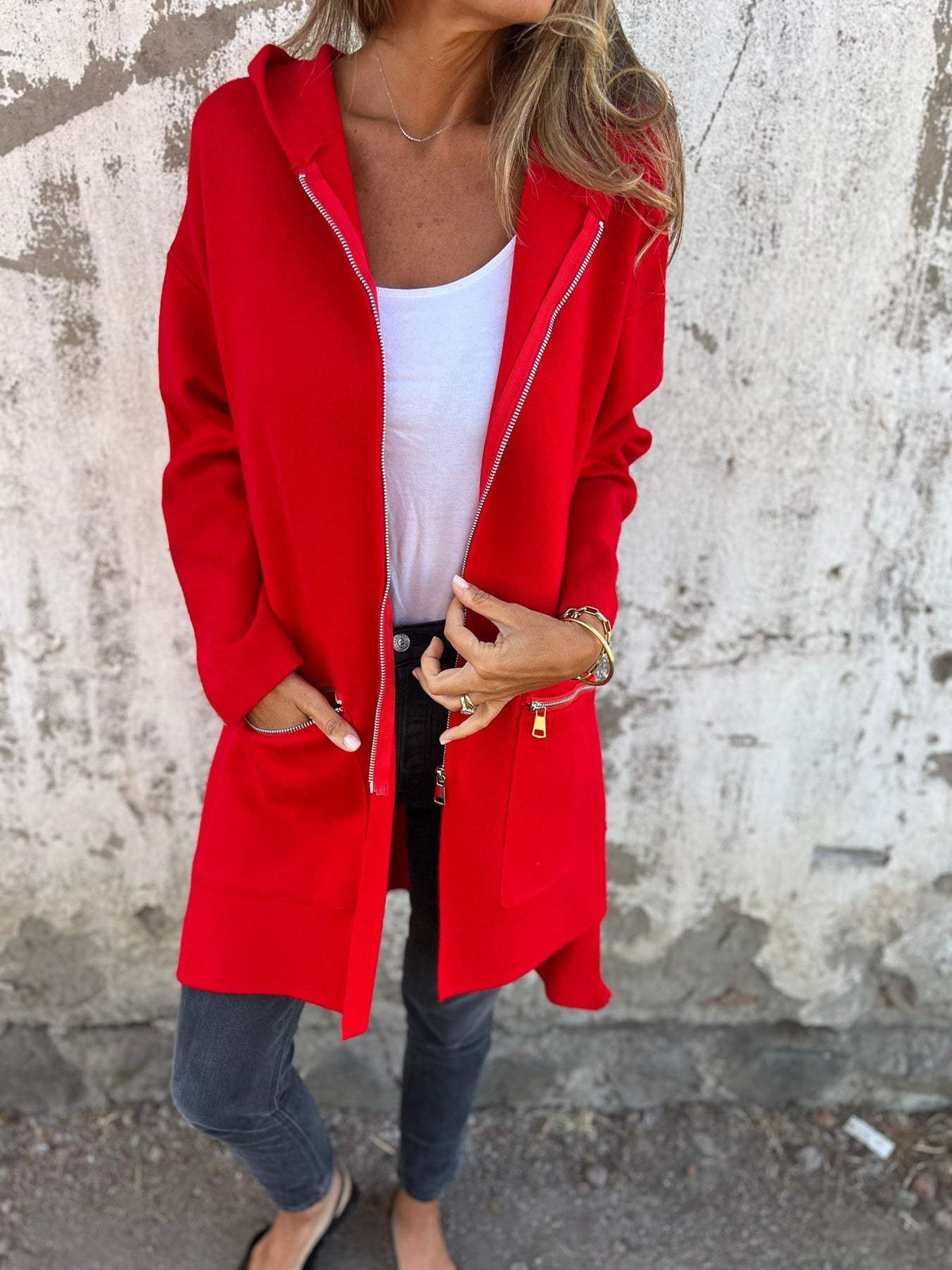 Lightweight Womens Long Hoodie - Fitted Zip Cotton Layering Red - Tophatter Daily Deals