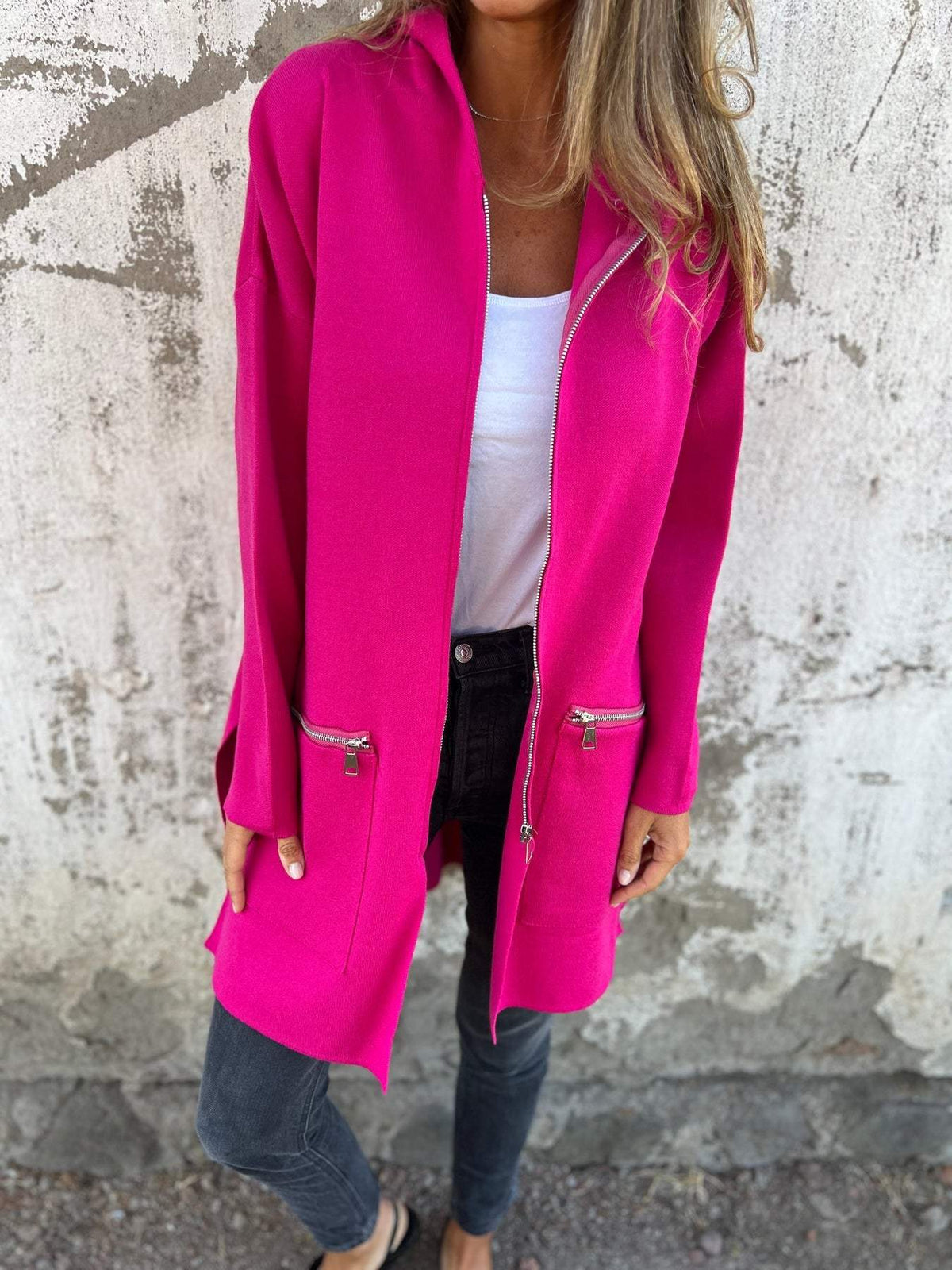 Lightweight Womens Long Hoodie - Fitted Zip Cotton Layering Pink - Tophatter Daily Deals