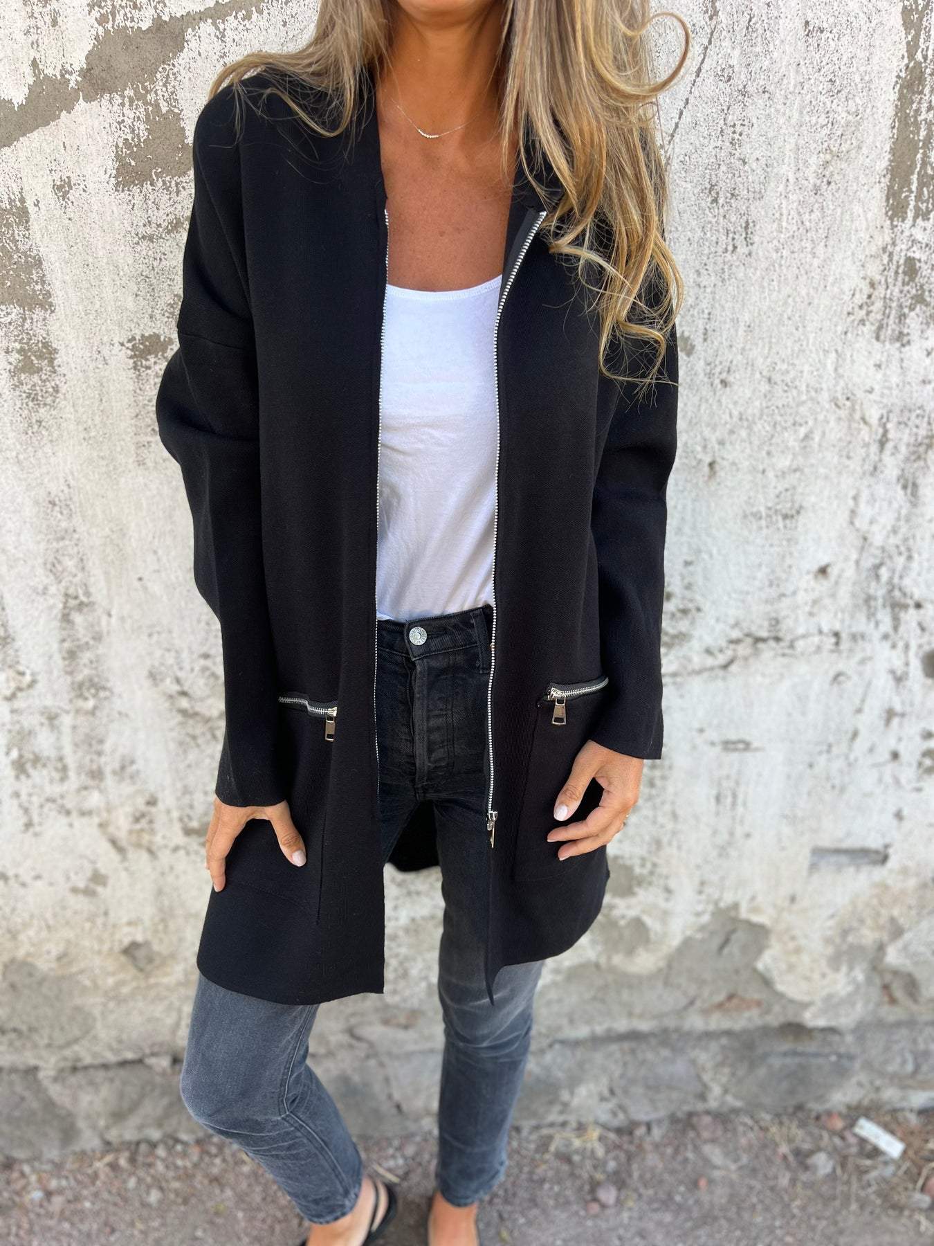 Lightweight Womens Long Hoodie - Fitted Zip Cotton Layering Black - Tophatter Daily Deals
