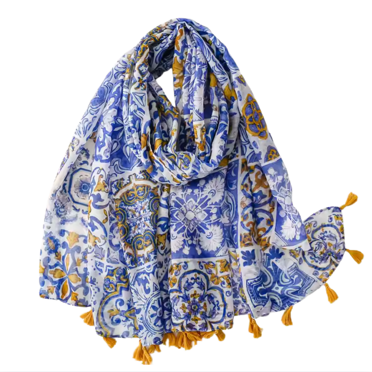 Mediterranean Tile Print Scarf with Tassel Accents Multi Scarves - Tophatter Daily Deals
