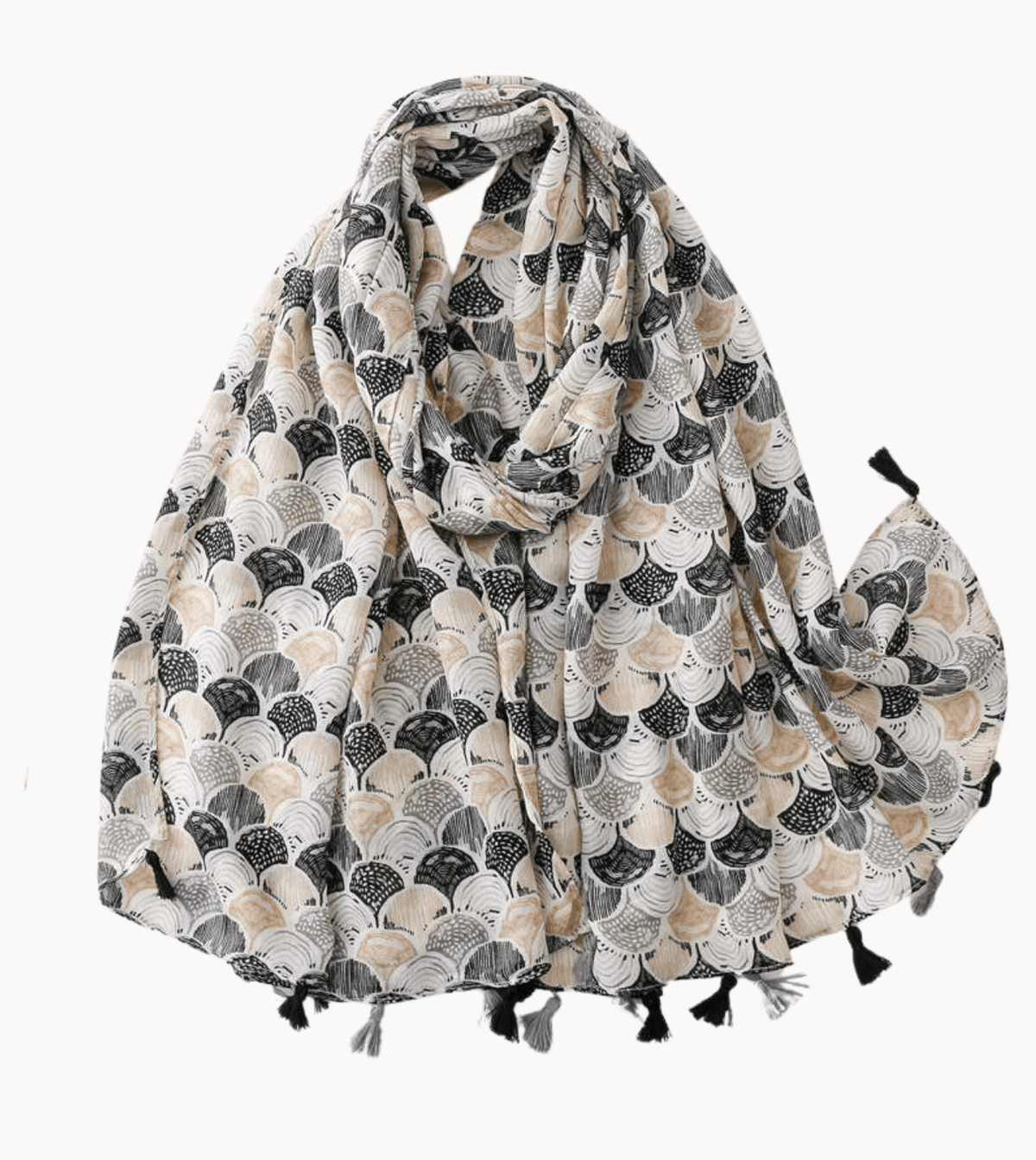 Ombre Fan Scarf in Sand, Grey and Jet with Tassels Multi Scarves - Tophatter Daily Deals