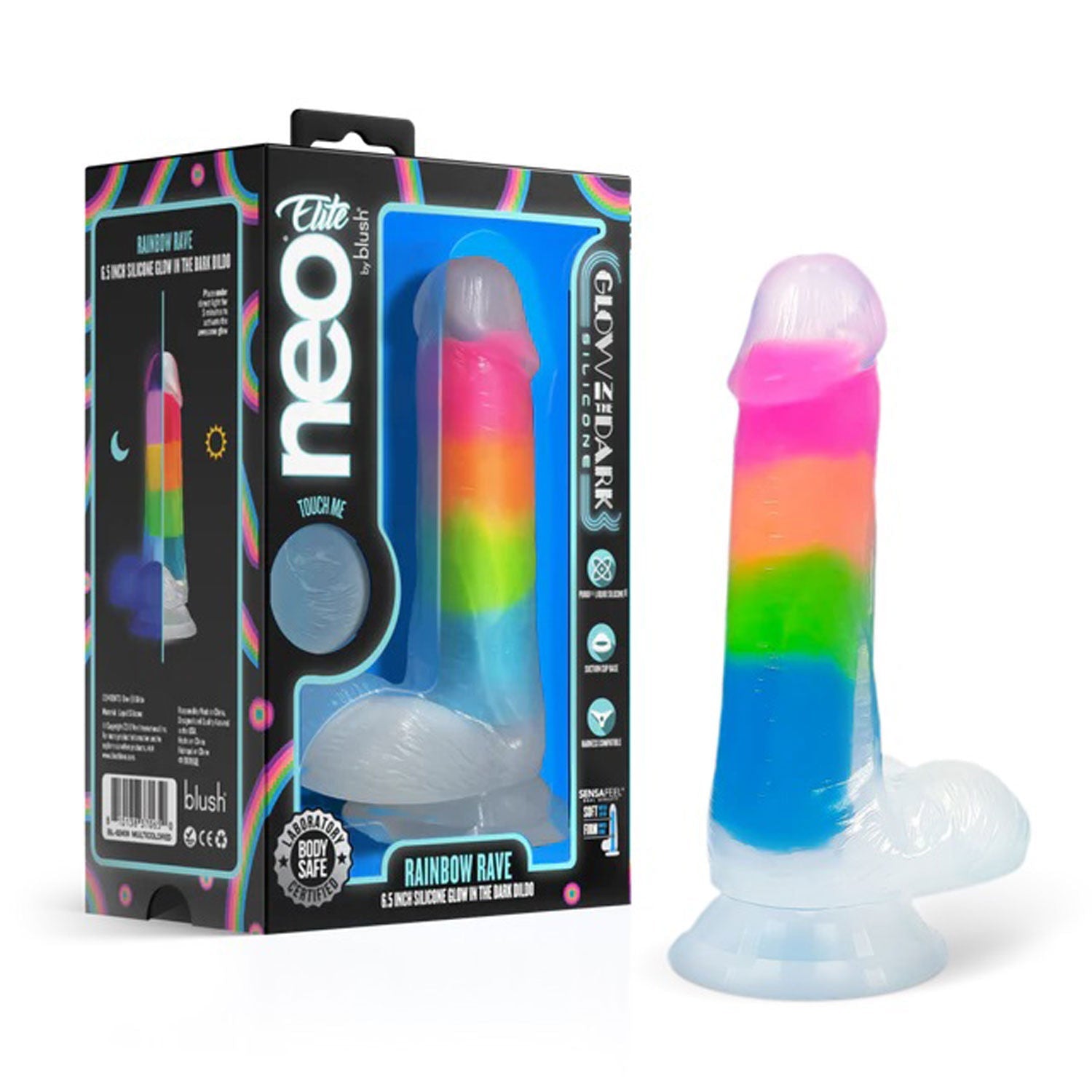 Blush Neo Elite Rainbow Rave (Glow in the Dark) Dual-Density 6.5 Inch Silicone Dildo > Dildos > Realistic Dildos - Tophatter Daily Deals