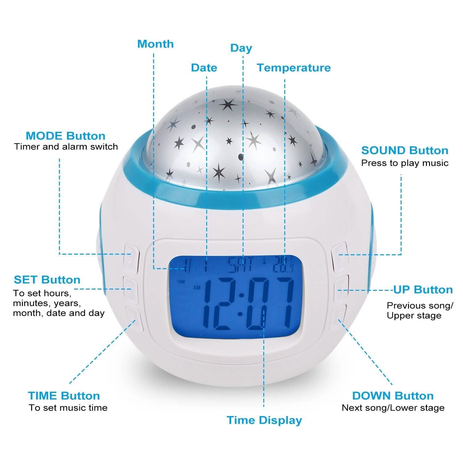 Kids Music Star Sky LED Projection Lamp Digital Alarm Clock Indoor Lighting - Tophatter Daily Deals