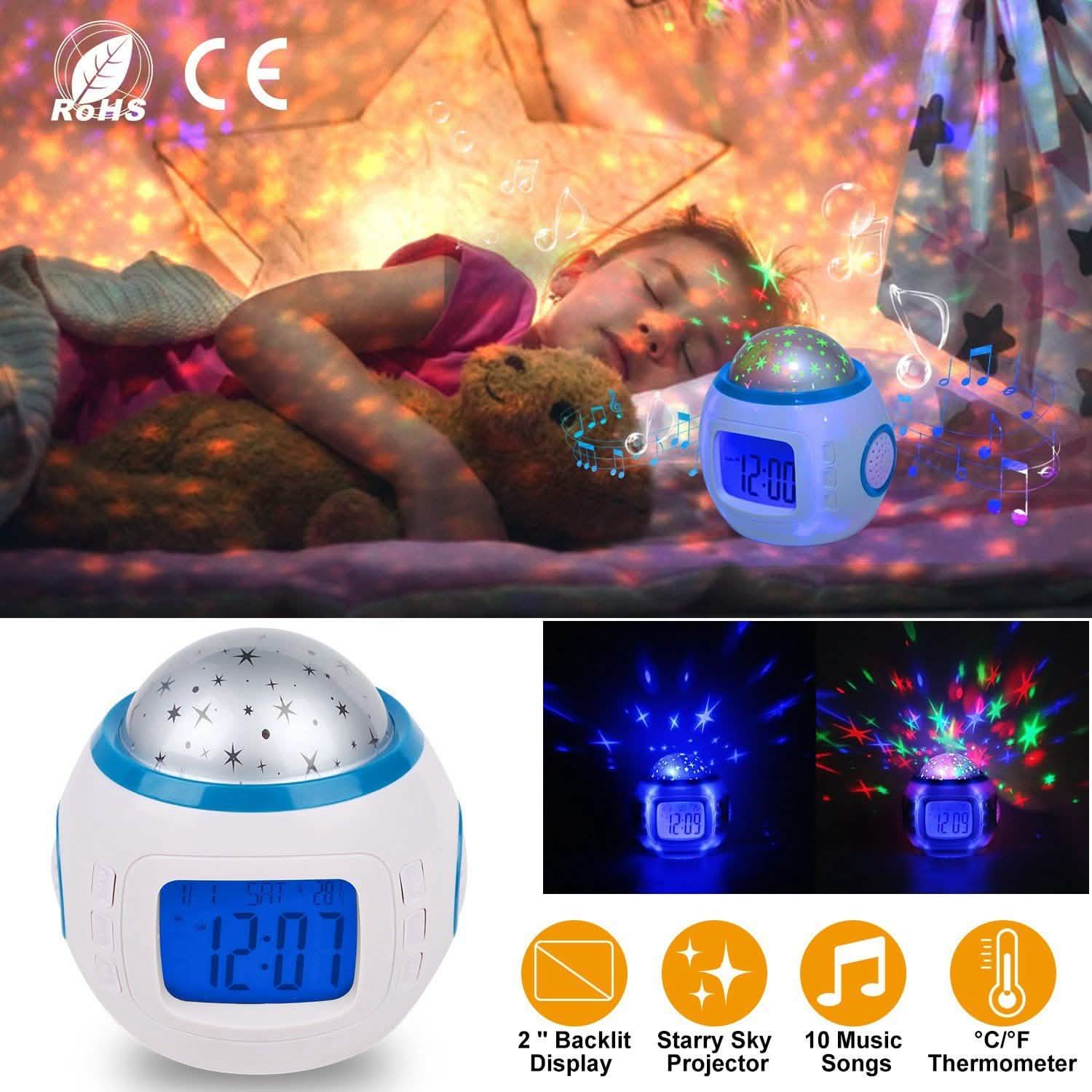 Kids Music Star Sky LED Projection Lamp Digital Alarm Clock Indoor Lighting - Tophatter Daily Deals